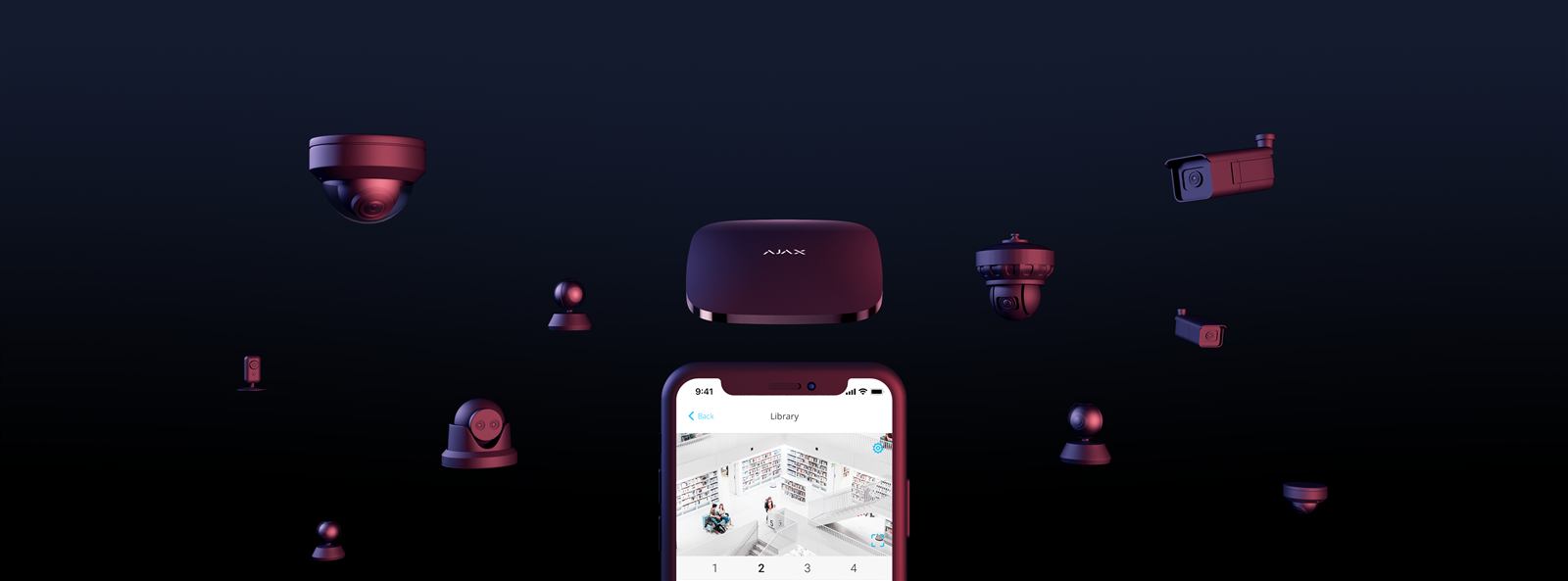 Ajax security hub connected to multiple cameras and a smartphone app