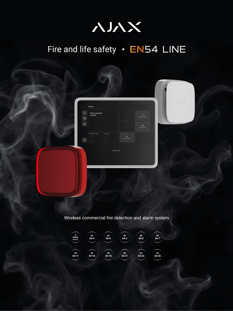 Ajax EN54 LINE certified fire hub with smoke detection