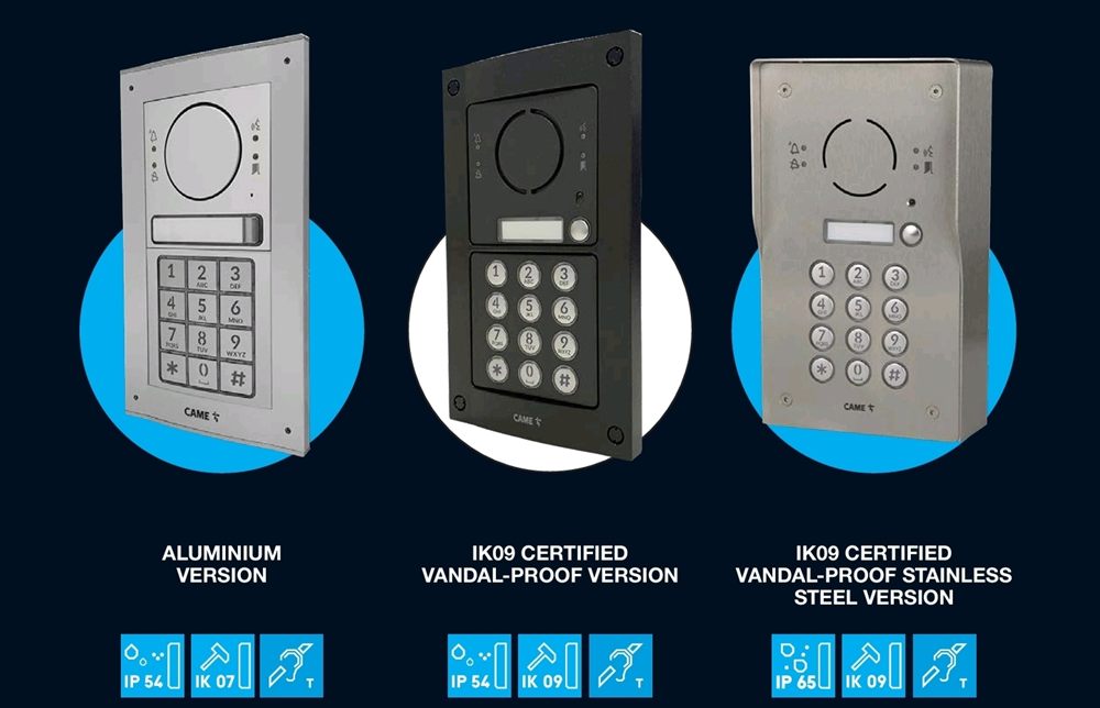 Range of CAME video intercom panel finishes